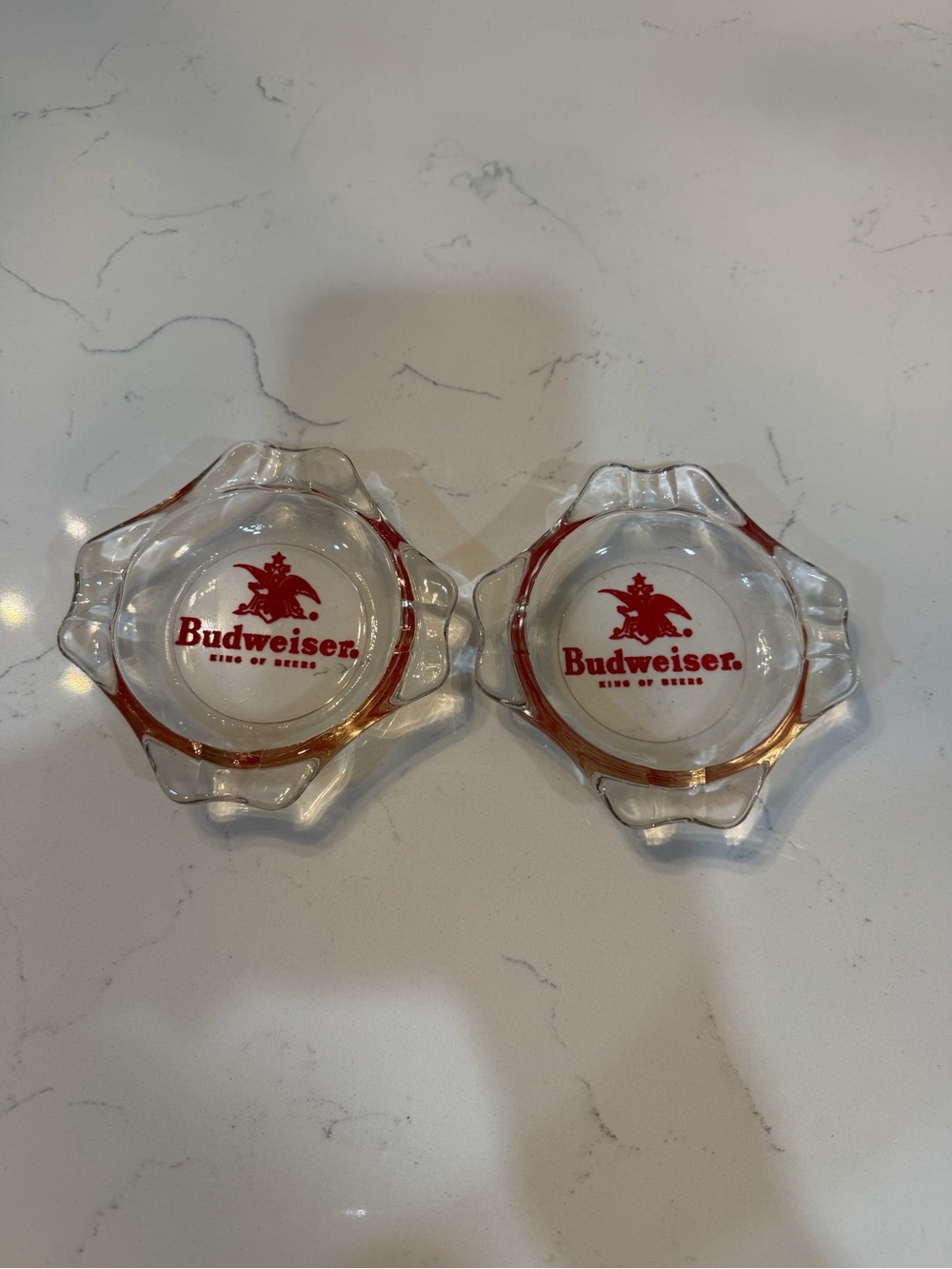 Budweiser Clear Glass Ashtrays with Red Logo - Set of 2